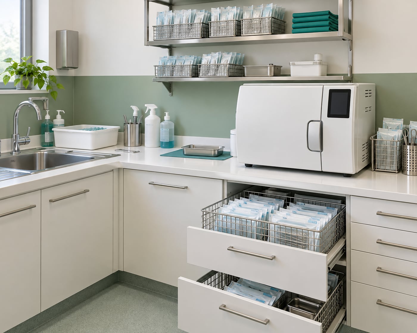 Autoclave sobre bancada branca e gavetas com instrumentais embalados e esterilizados